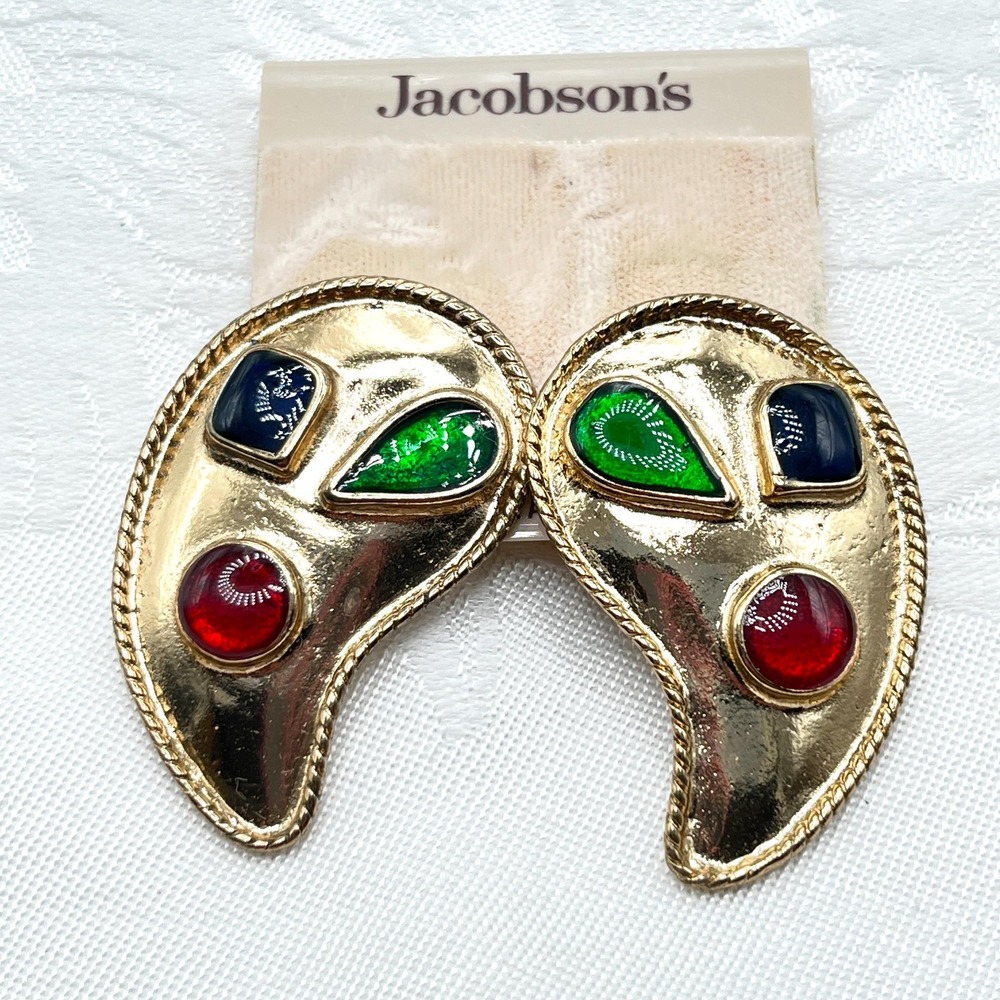Vintage Jacobson's 80s Gold Tone Teardrop Clip-On Earrings w/ Colorful Cabochons